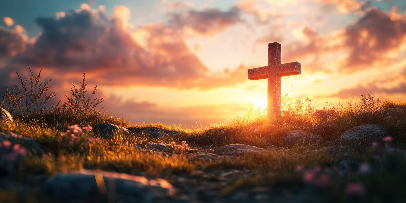 Sunset glow over a cross in a serene landscape surrounded by nature's beauty